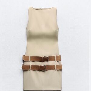Zara Cream Mini Dress with Tan Belt Accents